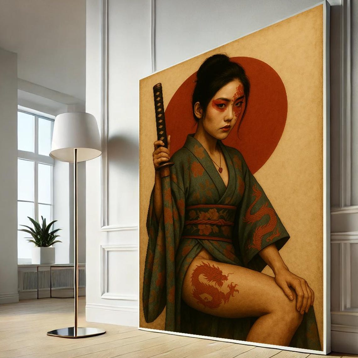 Japanese Warrior Woman Red Sun Dragon Tattoo Kimono Sword Art Poster