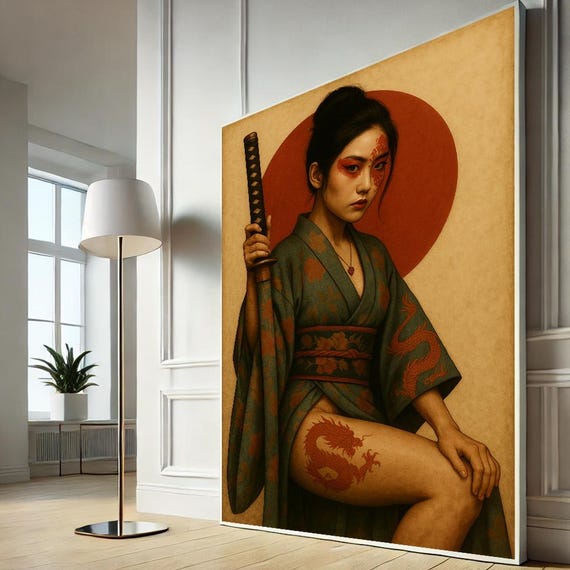 Samurai Geisha Katana Dragon Tattoo Woman Art Japanese Canvas Wall Print Girl Poster Asian Warrior Decor Home