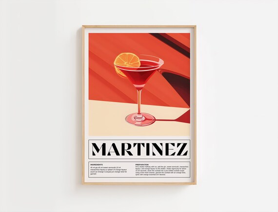 Martinez Classic Gin Vermouth Cocktail Recipe Print Retro Bar Art