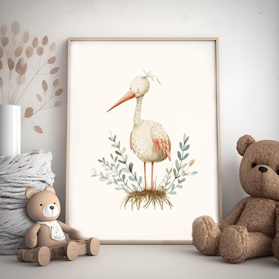 Cute Watercolor Stork Nursery Art Scandinavian Baby Bird Decor Poster