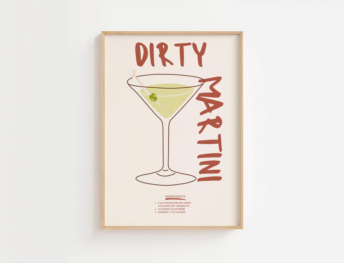 Dirty Martini Cocktail Recipe Minimalist Olive Bar Cart Poster