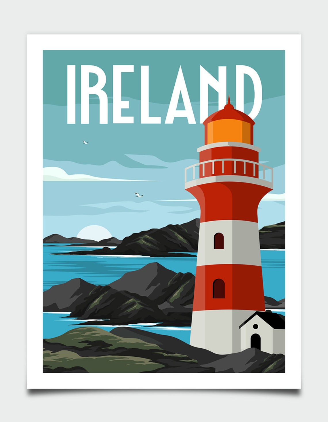 Ireland Lighthouse Coastal Cliffs Sunset Retro Travel Poster - Image 3