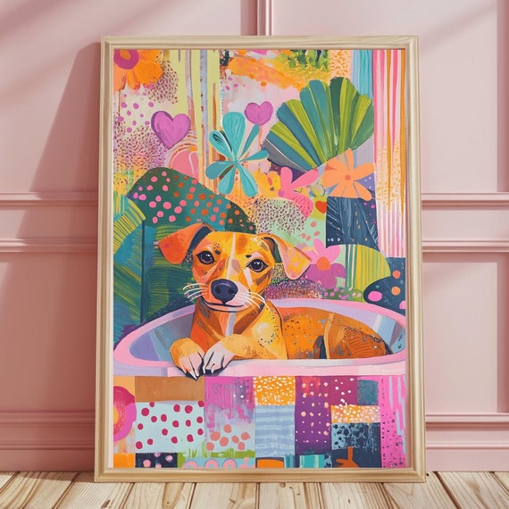 Animal Dog Bathroom Print Dog Painting Print Maximalist Decor Dog Poster Wall Art Funny Bathroom Wall Art Home Decor
