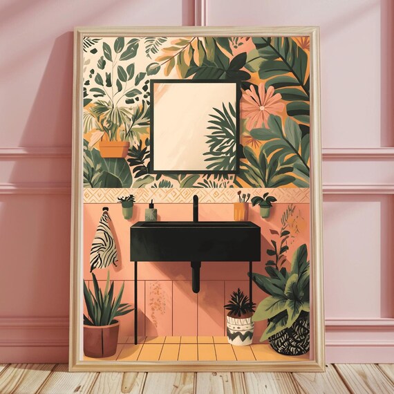 Boho Tropical Bathroom Wall Art Sink Bathroom Tile House Plants Art Print Maximalist Decor Eclectic Gallery Home Decor