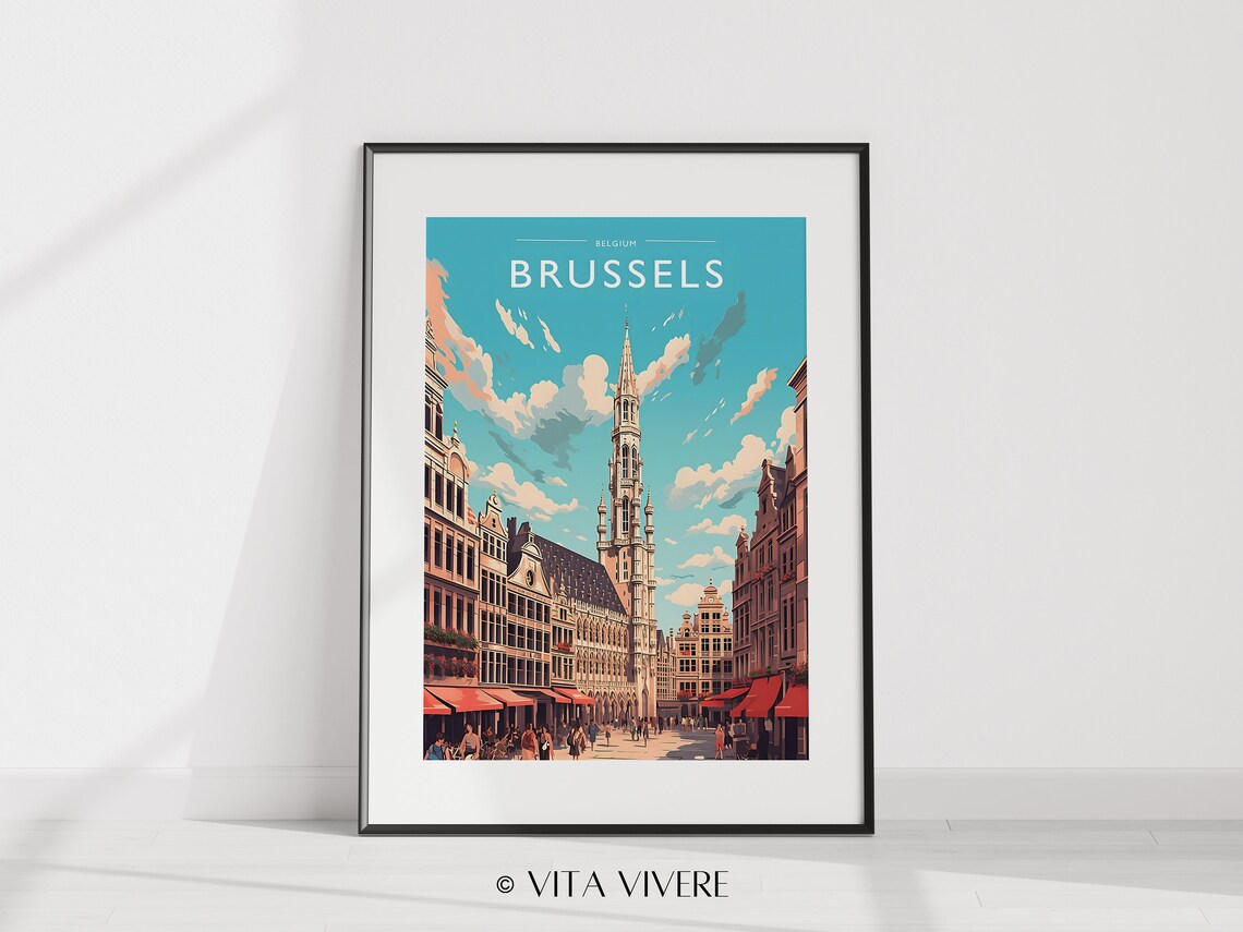 Brussels Belgium Grand Place Historic Town Hall Spire Travel Poster - Image 2