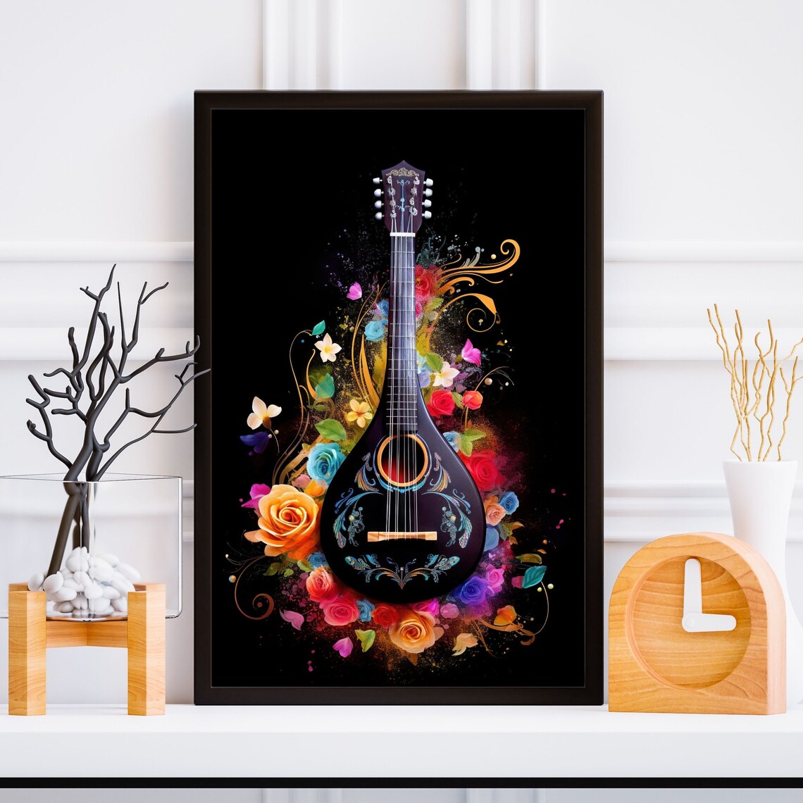 Bouzouki Floral Watercolor String Instrument Black Music Poster - Image 2