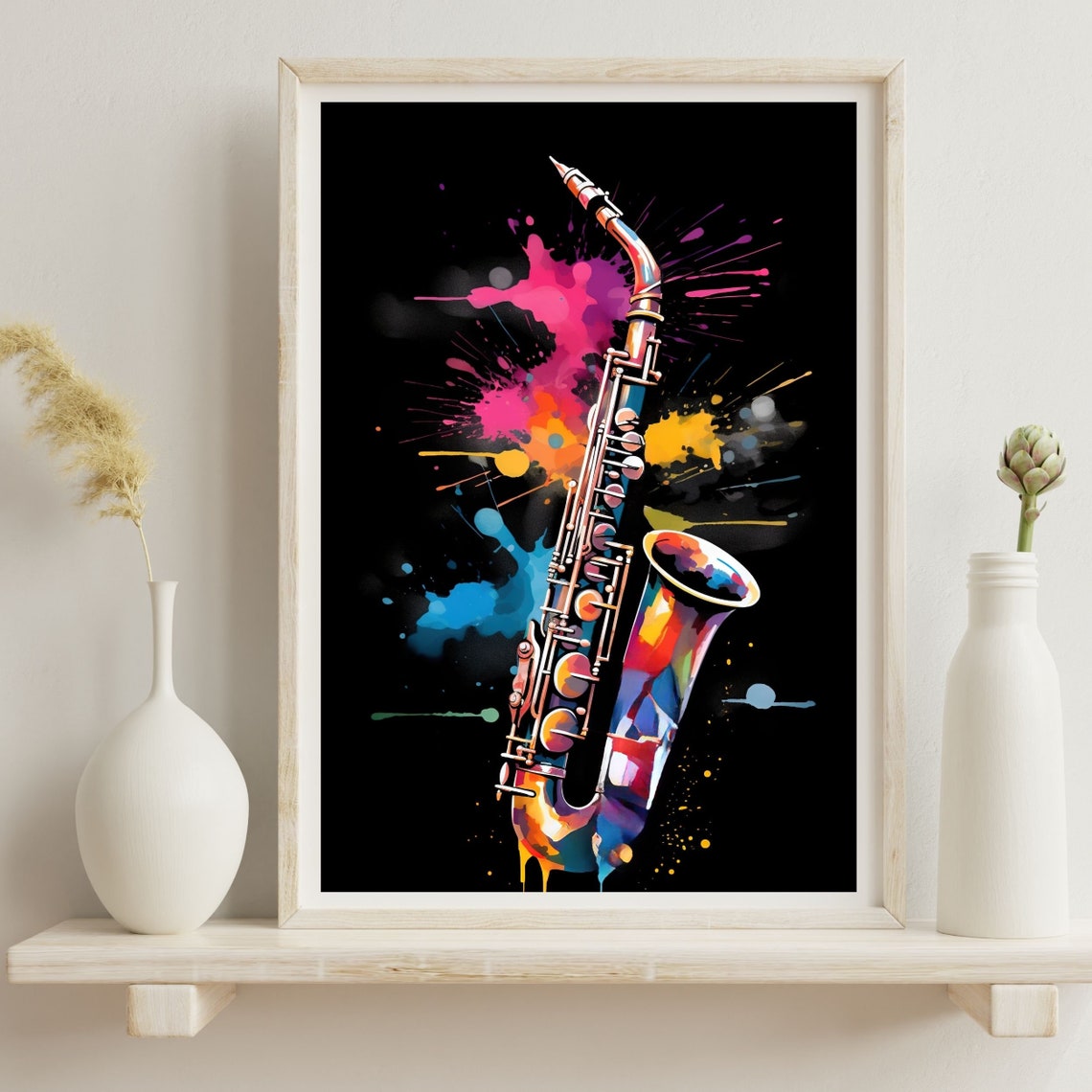 Colorful Saxophone Watercolor Splash Black Background Music Poster - Image 2