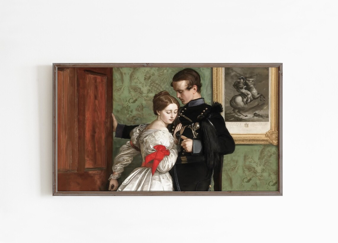 Victorian Couple Embrace Romantic Vintage Oil Painting Wall Art