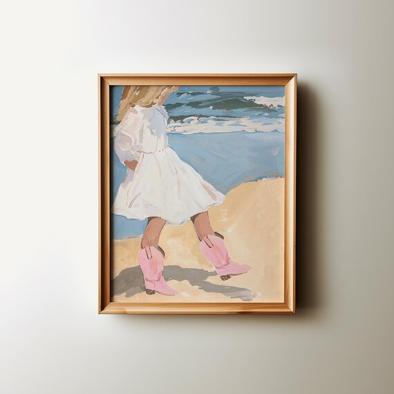 Girl in White Sundress with Pink Cowgirl Boots Beach Art Poster