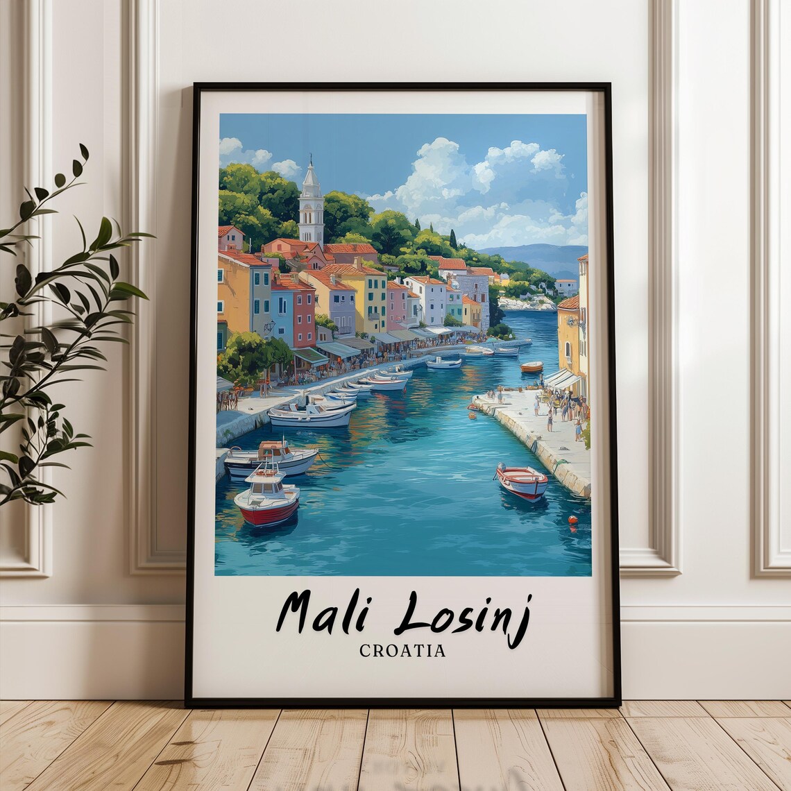 Mali Losinj Croatia Harbor Boats Waterfront Street Travel Poster