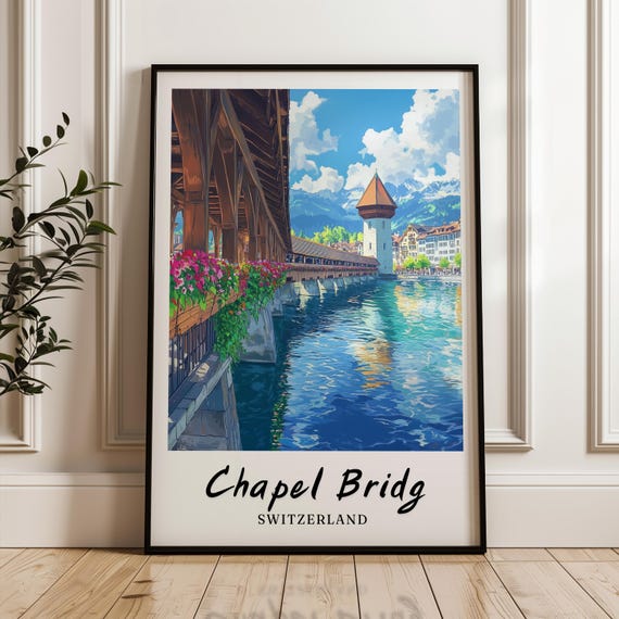 Chapel Bridge Switzerland Wall Art Art Prints Travel Poster Print Instant Wall Art Print Gift Minimalist