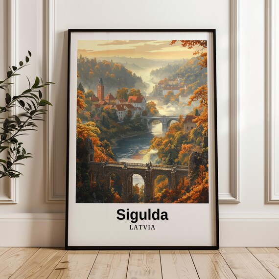 Sigulda Latvia Golden Autumn River Valley Stone Viaduct Poster