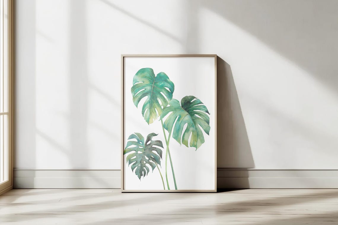 Monstera Leaves Watercolor Tropical Botanical Plant Painting Poster