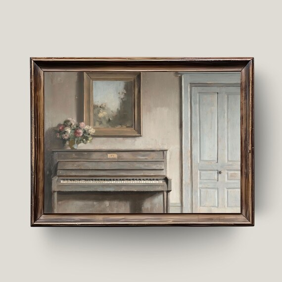 Elegant Upright Piano Flowers Painting Soft Neutral Interior Art Poster