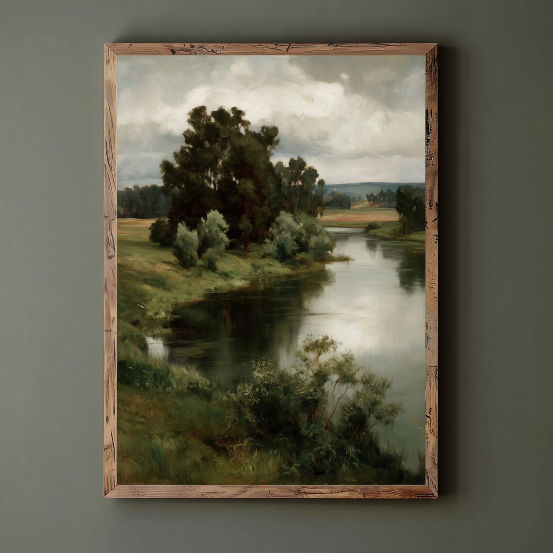 Calm Riverside Landscape Painting Trees Water Reflection Vintage Wall Art