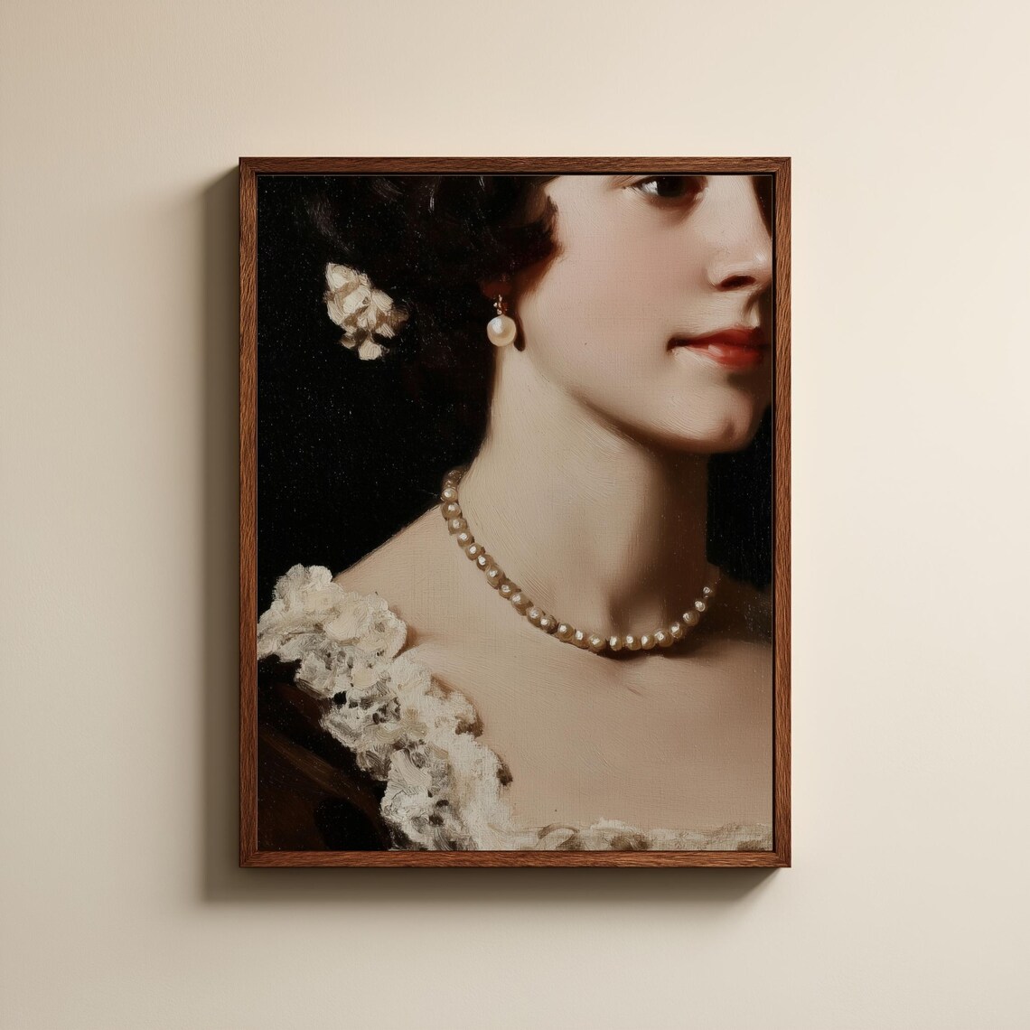 Vintage Lady Portrait Pearl Necklace Romantic Woman Classic Art Poster