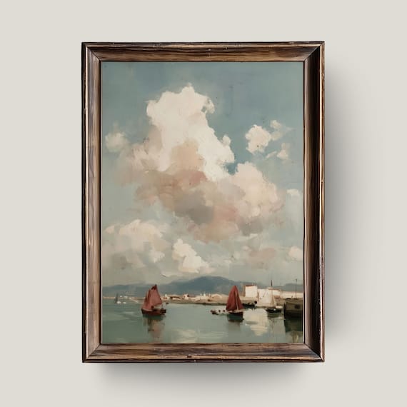 Sailboats in Harbor Under Cloudy Sky Vintage Nautical Painting Poster