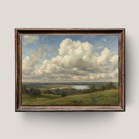 Vintage Farmhouse Landscape Print Cloudy Horizon Rolling Hills