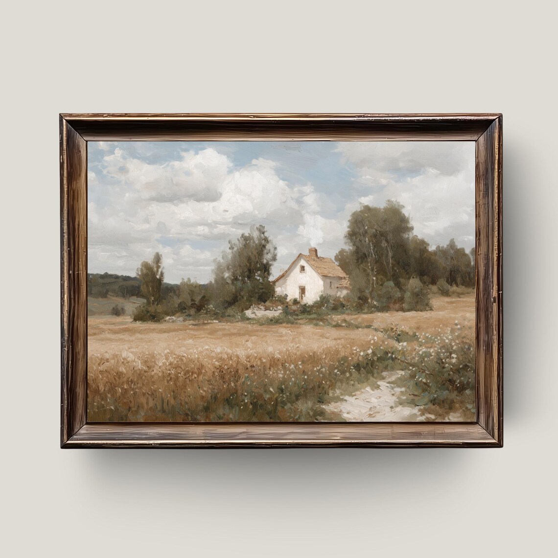 Rustic Cottage in Golden Wheat Field Countryside Oil Painting Print