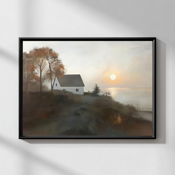 Coastal Cottage Sunset Seascape Peaceful Seaside Painting Poster