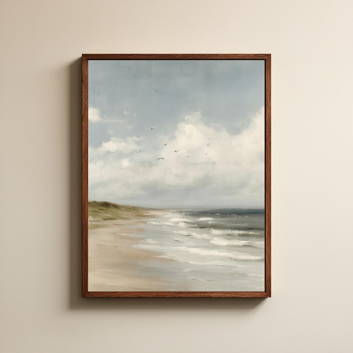 Calm Seaside Beach with Gulls Soft Neutral Coastal Oil Painting Poster