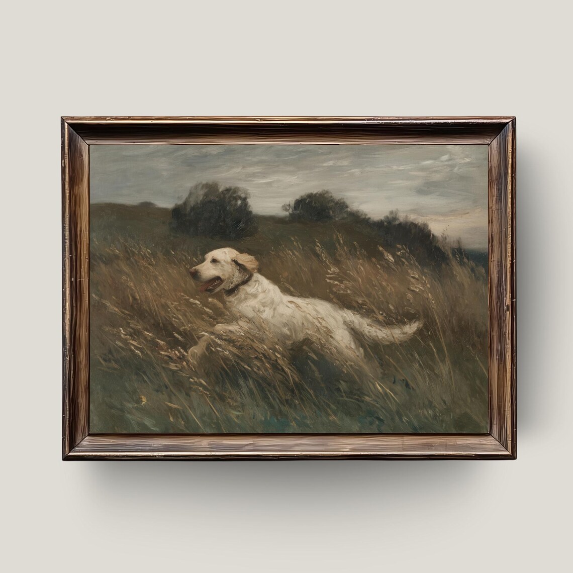 White Dog Running In Meadow Vintage Rustic Animal Oil Painting Wall Art