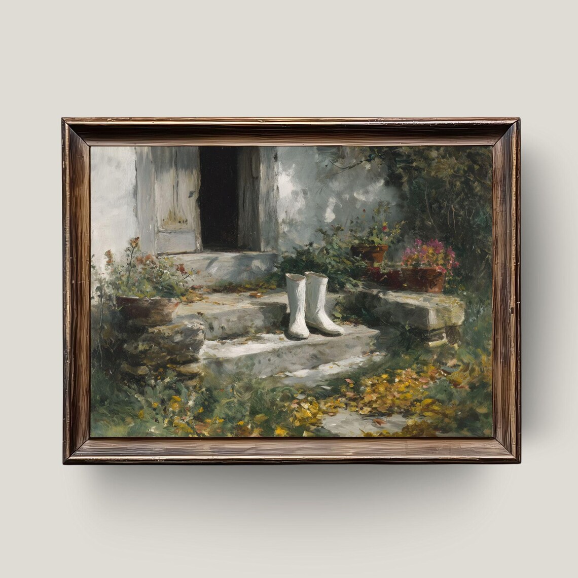 White Garden Boots Rustic Doorstep Cottage Still Life Oil Painting Print