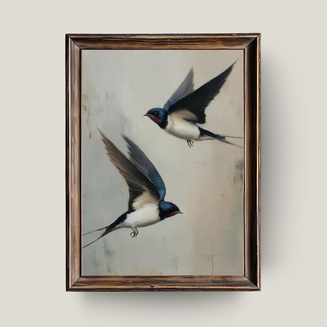 Flying Swallows in Motion Vintage Bird Oil Painting Neutral Wall Art