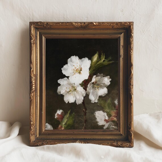 White Blossom Study Vintage Floral Wall Art Dark Botanical Painting Neutral Spring Flower Print