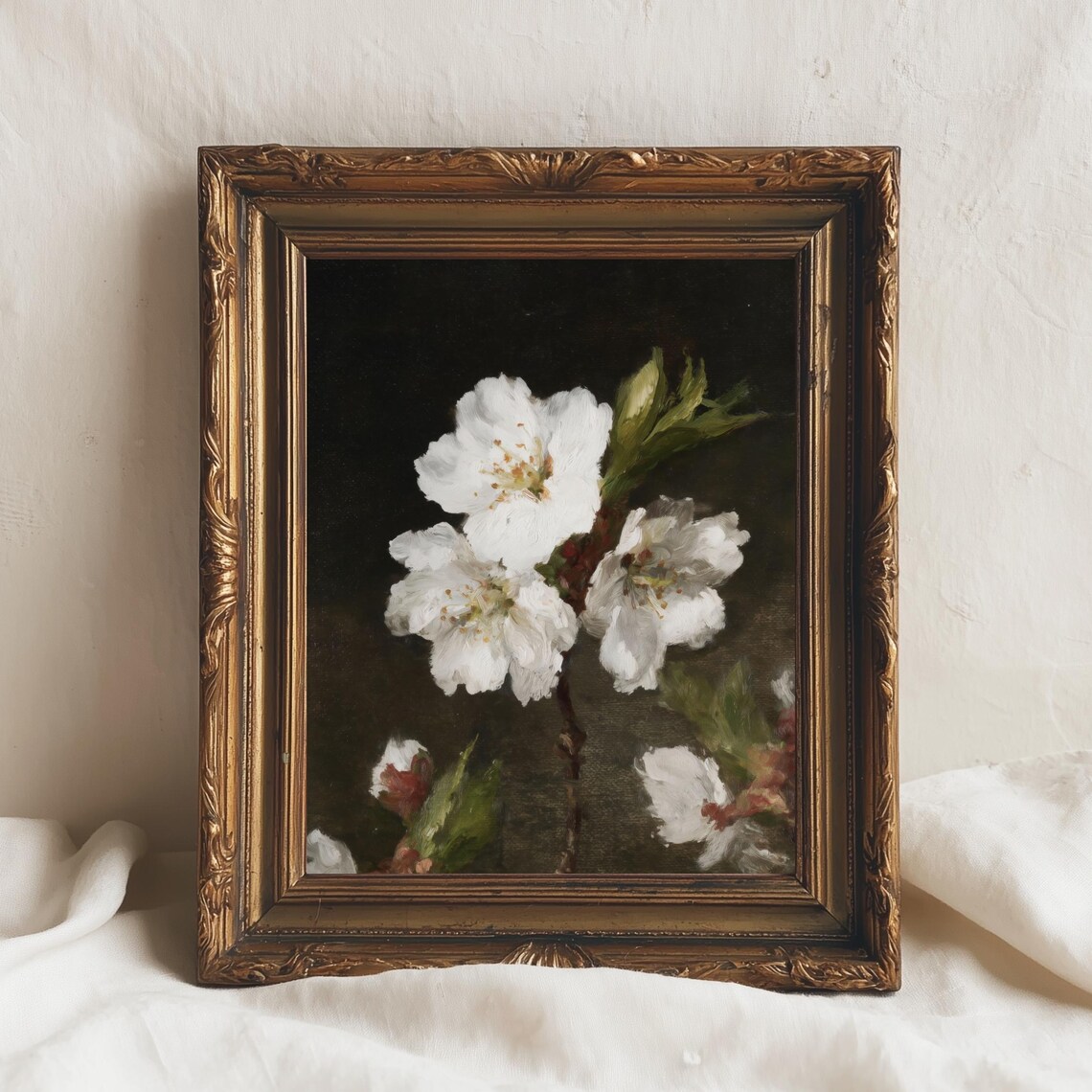 White Blossom Study Vintage Floral Wall Art Dark Botanical Painting Neutral Spring Flower Print