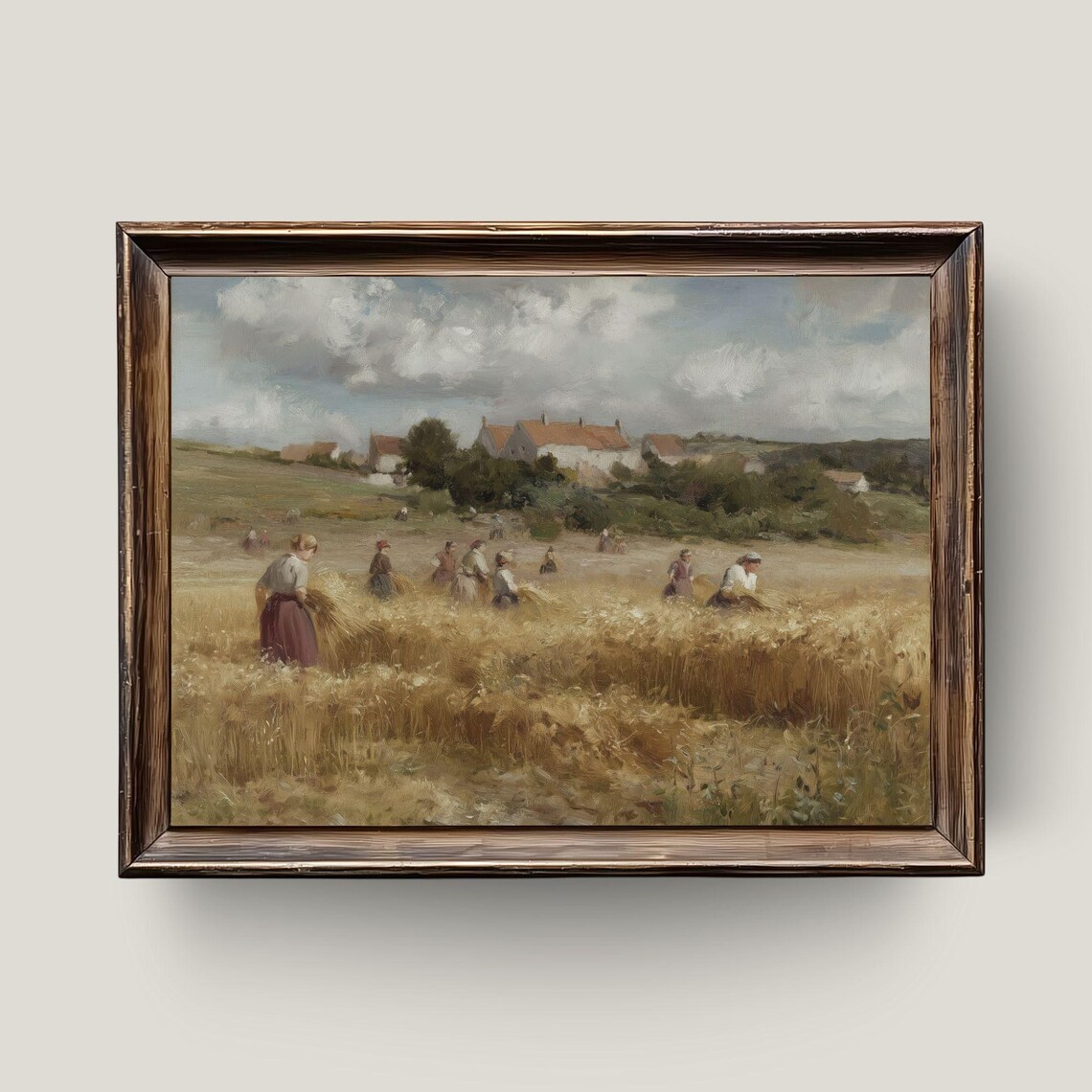 Vintage Wheat Harvest Workers Golden Field Farm Oil Painting Print