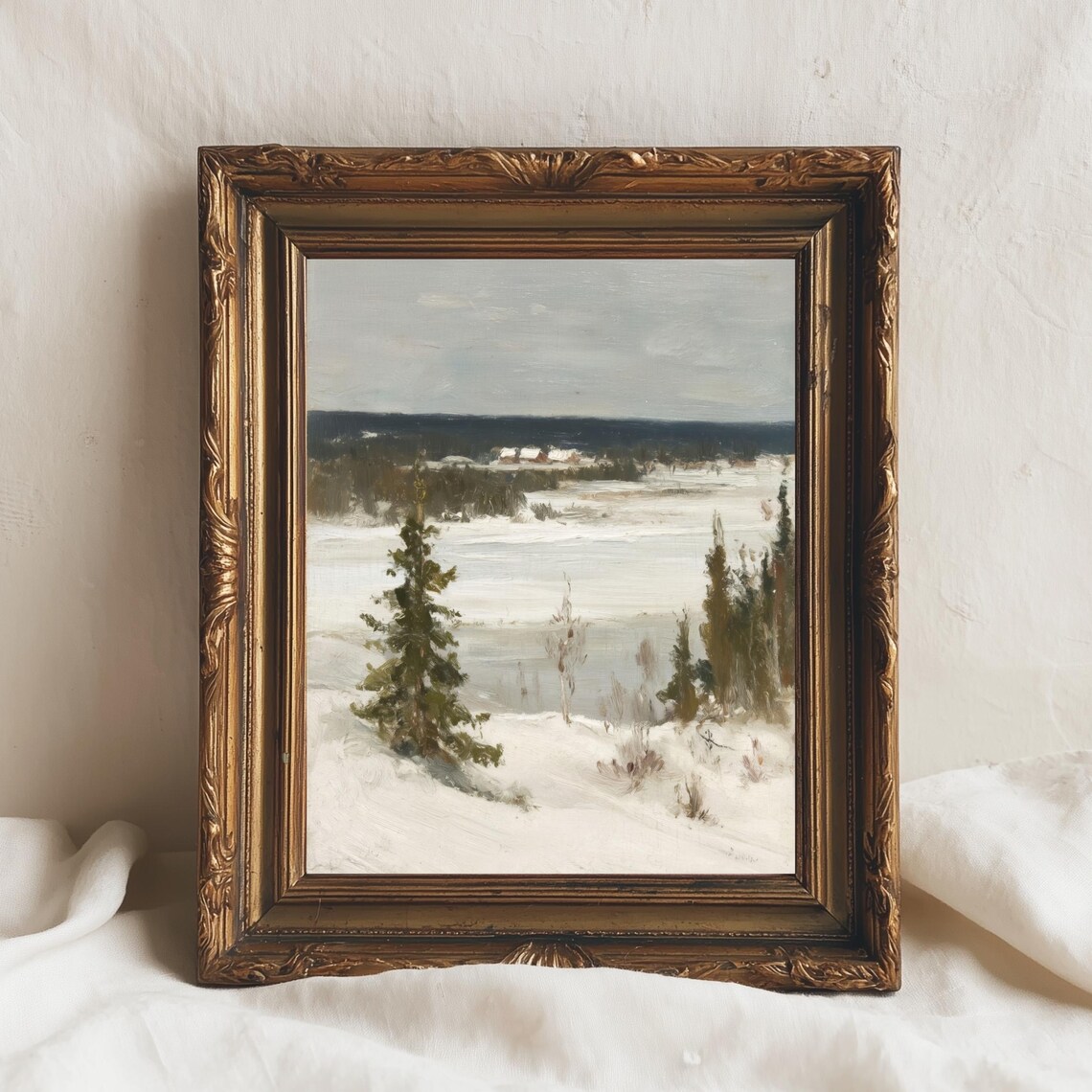 Snowy Nordic Winter Landscape Frozen Lake Pines Vintage Style Wall Print