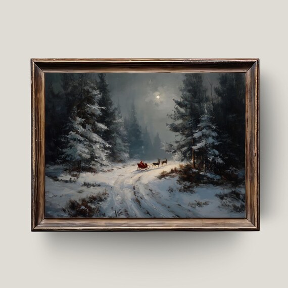 Santas Sleigh Ride Moonlit Snowy Forest Reindeer Christmas Night Print