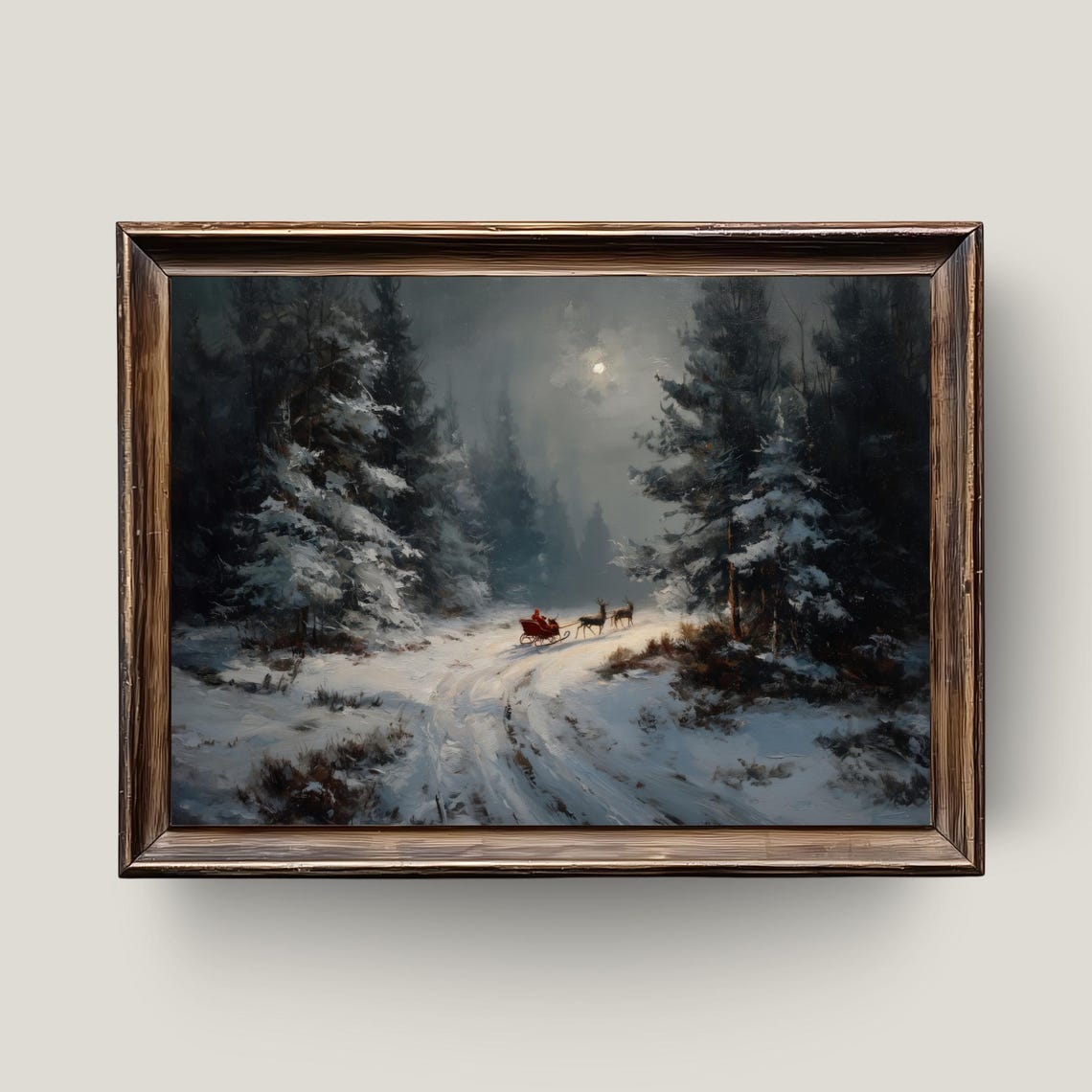 Santas Sleigh Ride Moonlit Snowy Forest Reindeer Christmas Night Print
