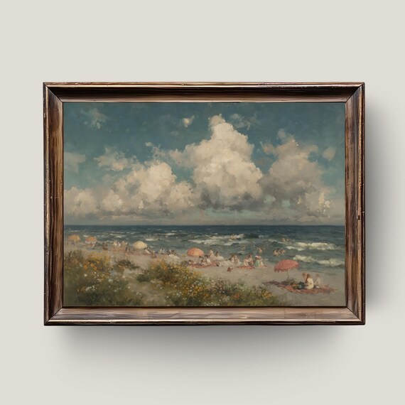 Vintage Beach Scene Impressionist Oil Painting Coastal Crowd Poster