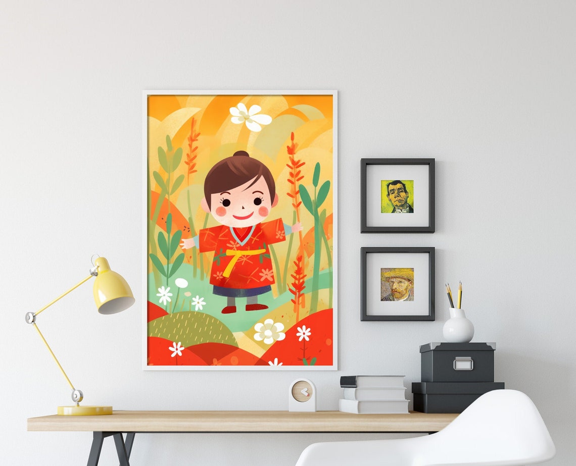 Smiling Girl in Red Kimono Among Flowers Cute Japan Art Poster - Image 4