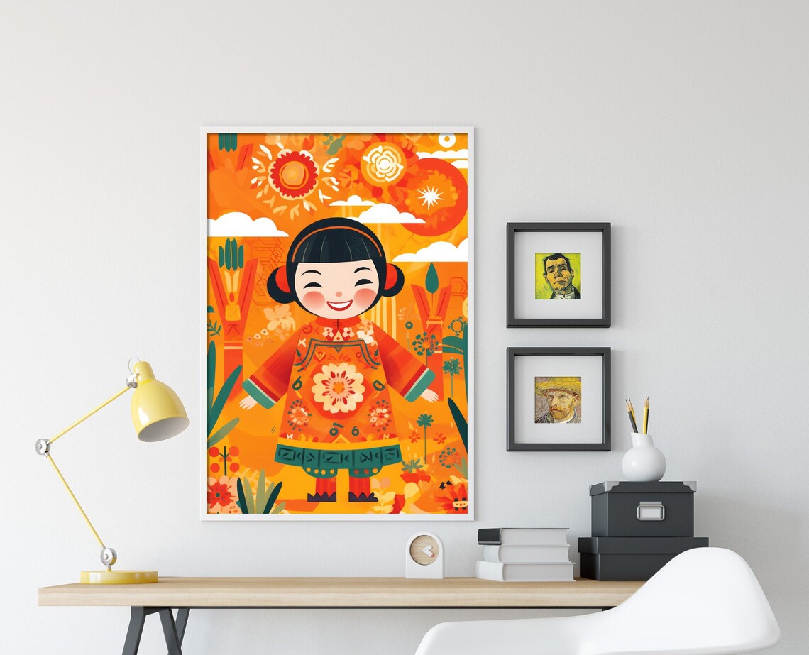 Happy Chinese Girl in Red Folk Dress With Sunflower Garden Art Poster - Image 4