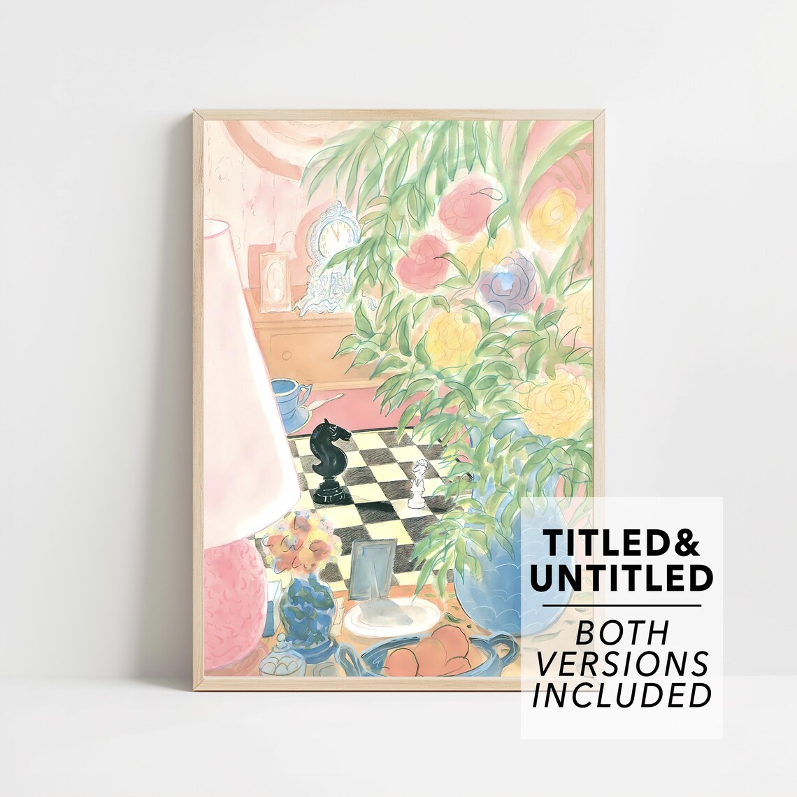 Pastel Watercolor Interior Scene with Chess Knight Flowers and Tea Poster