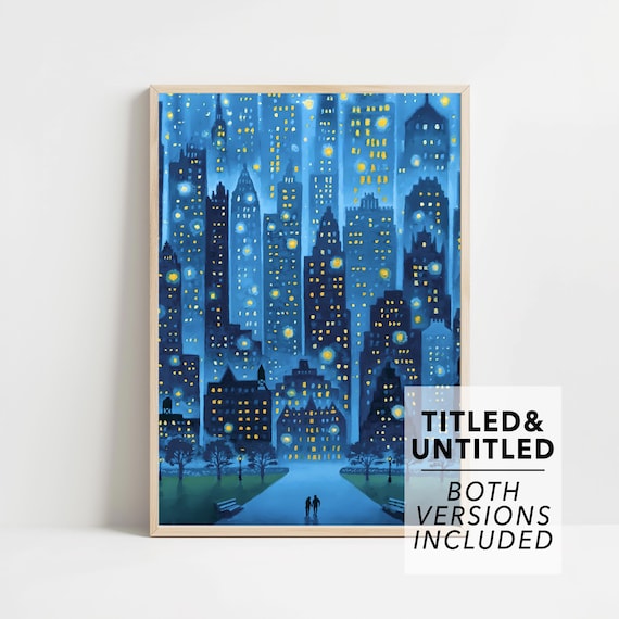 Starry Night City Skyline Glowing Windows and Park Path Painting Poster