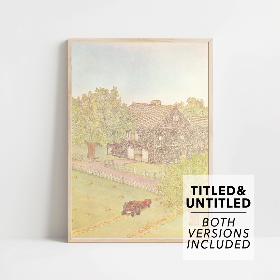 Stone Barn Red Tractor Countryside Farm Watercolor Farmhouse Poster