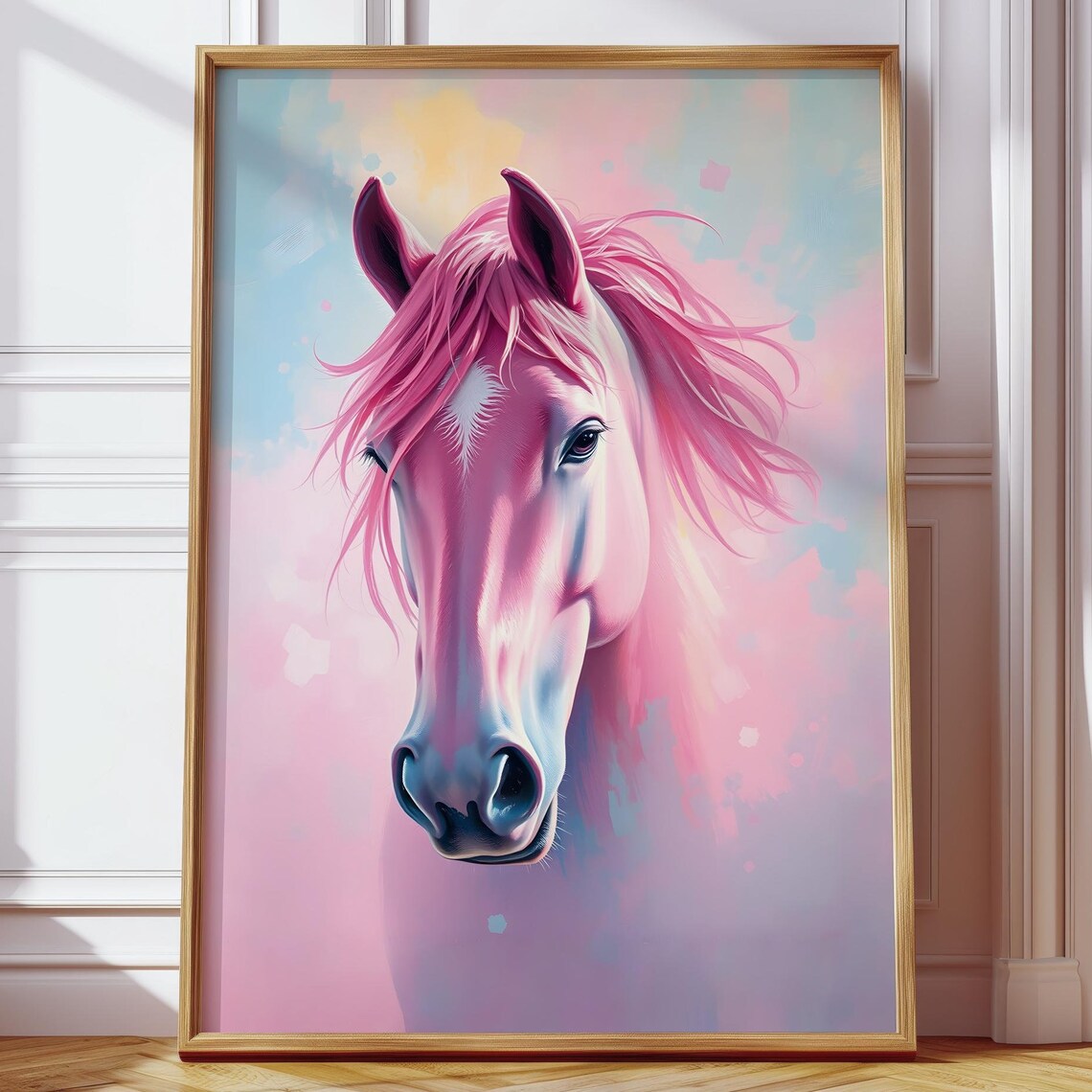 Dreamy Pink Horse Portrait In Pastel Fantasy Animal Art Poster - Image 4
