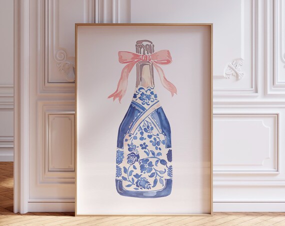 Single Chinoiserie Champagne Bottle With Pink Bow Bar Cart Poster