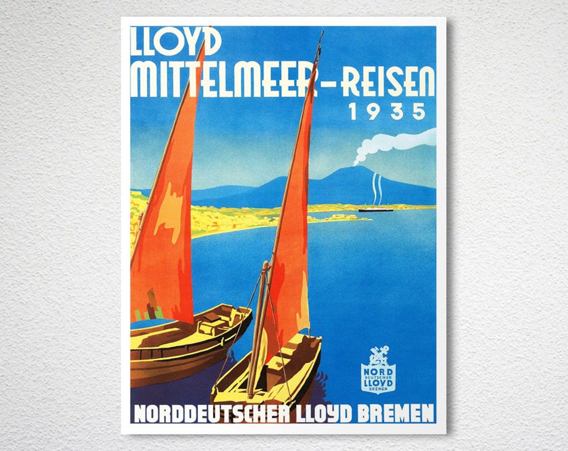 Lloyd Mittelmeer Reisen 1935 Vesuvius Sailboat Travel Poster - Image 2