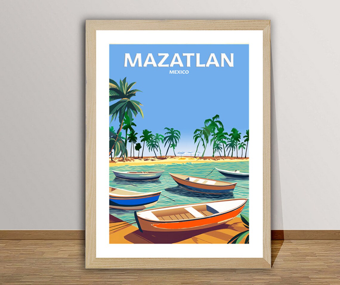 Mazatlan Mexico Fishing Boats Palm Shore Vintage Beach Travel Poster