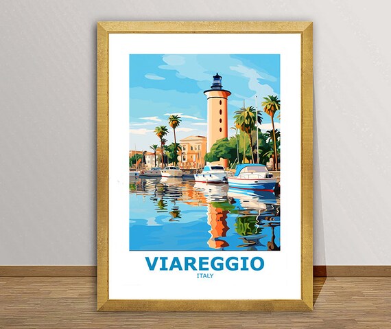 Viareggio Italy Lighthouse Marina Sailboats Palm Trees Coastal Travel Poster
