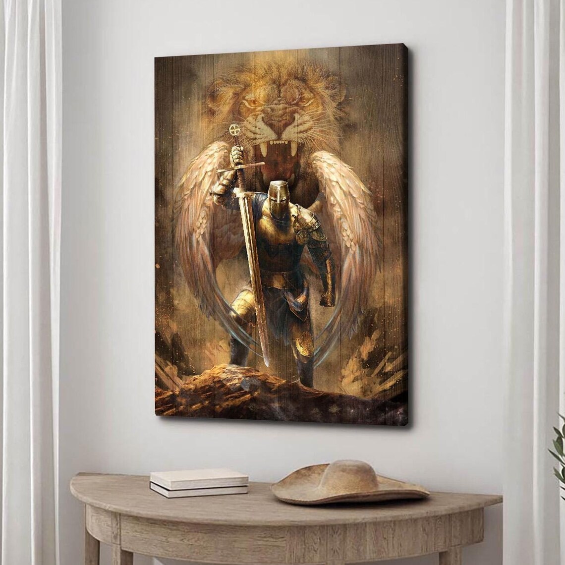 Winged Warrior Knight With Sword And Roaring Lion Of Judah Poster