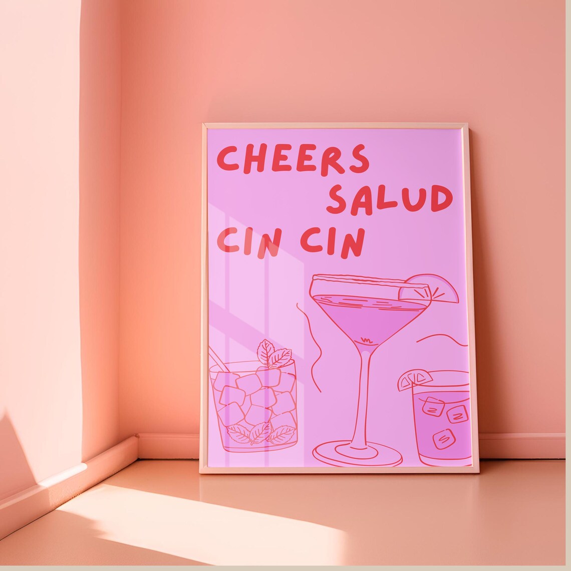 Cheers Salud Cin Cin Pink Cocktail Line Art Bar Cart Decor Print - Image 2