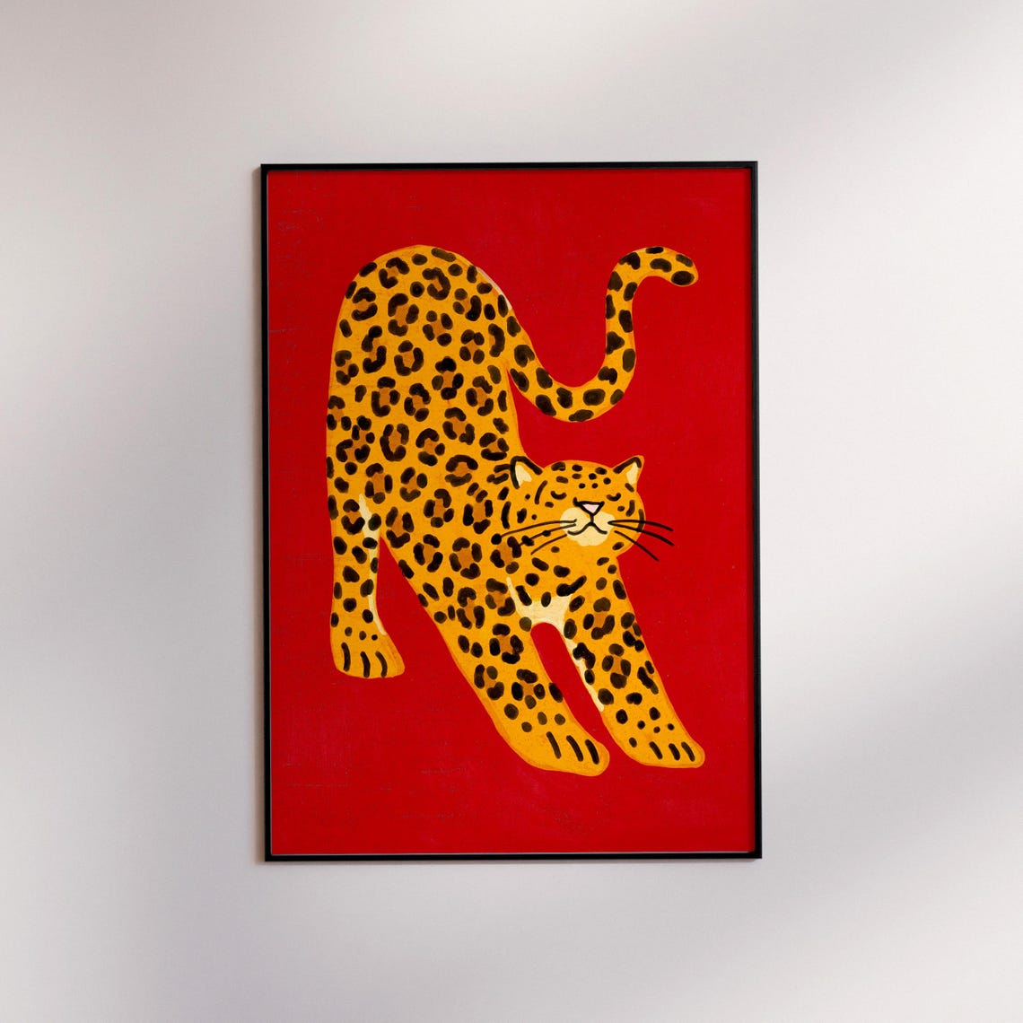 Stretching Leopard Red Background Poster Bold Minimal Animal Art