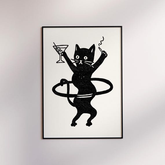 Retro Cat Print, Funky Bar Cart Art