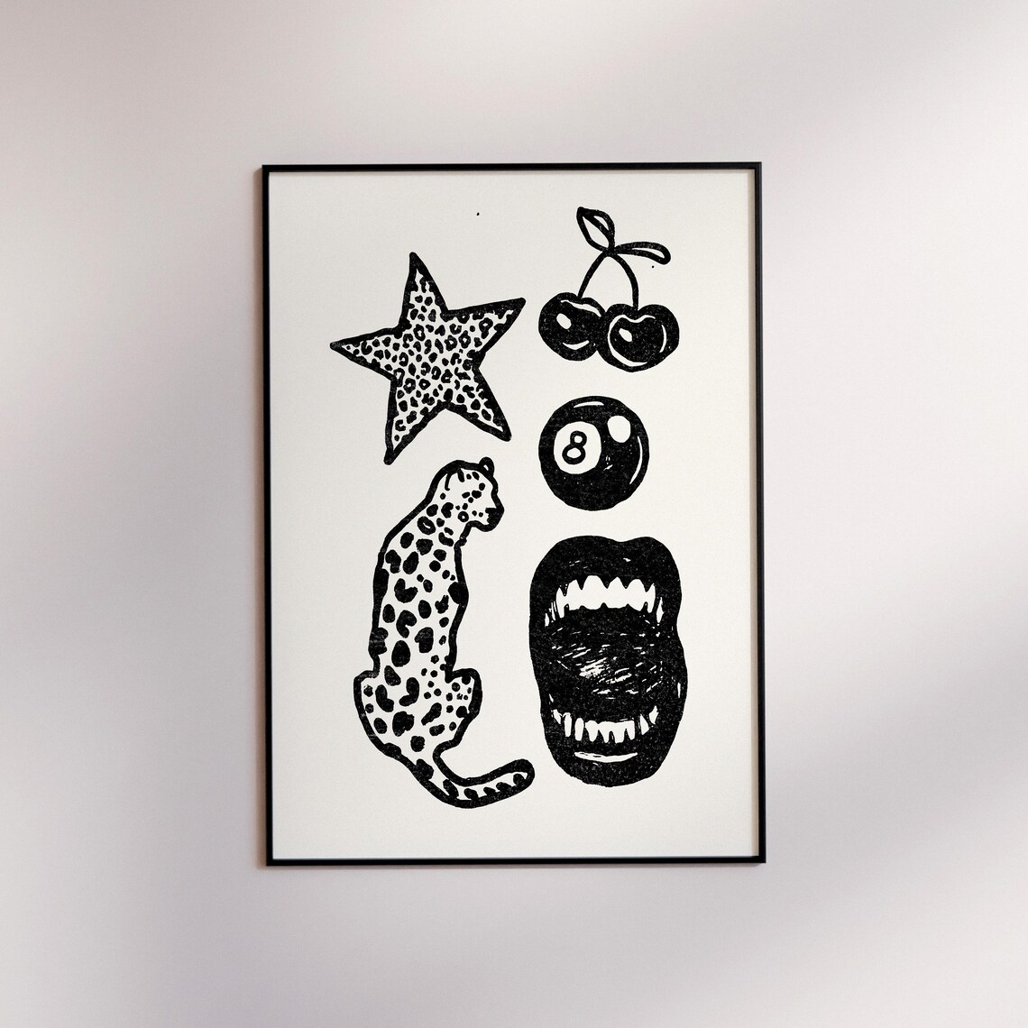 Leopard Cherry Retro Wall Art 8 Ball Print Funky Bar Cart Decor Gallery Y2k Room Trendy